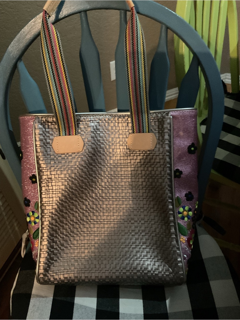 Consuela Lex Chica Tote Pewter Woven Texture Floral Sides Never Used